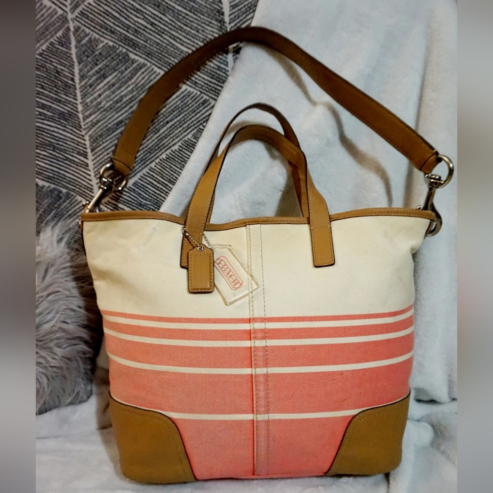COACH Hadley Variegated Stripped Canvas Duffle Tote Shoulder Bag